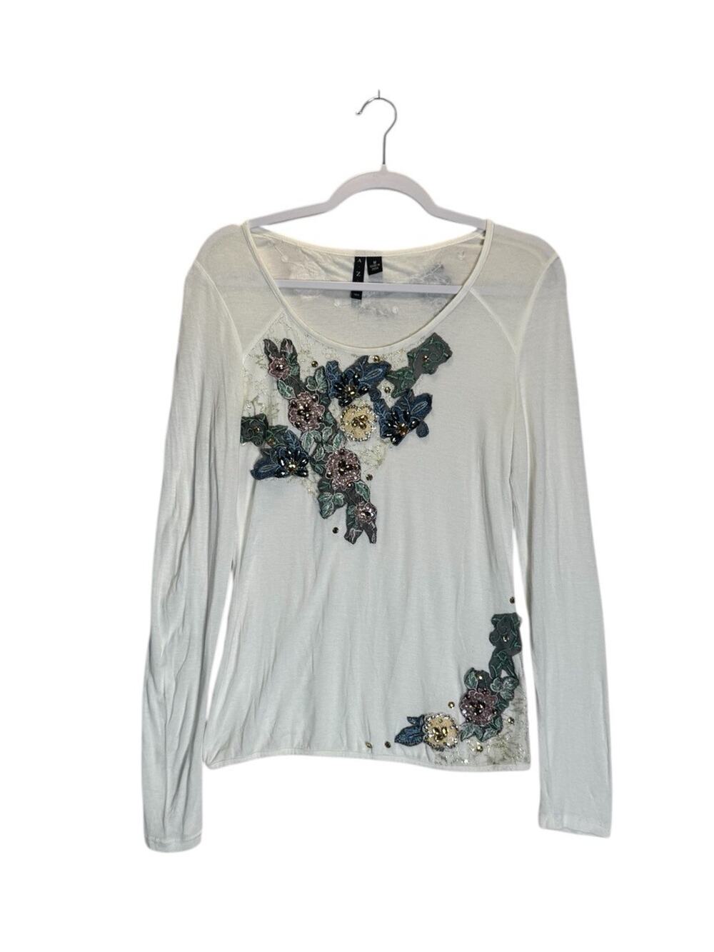 AZI Jeans Womens White Boho Indie 3D Floral Appliqué Top Artsy Beaded Sz Medium